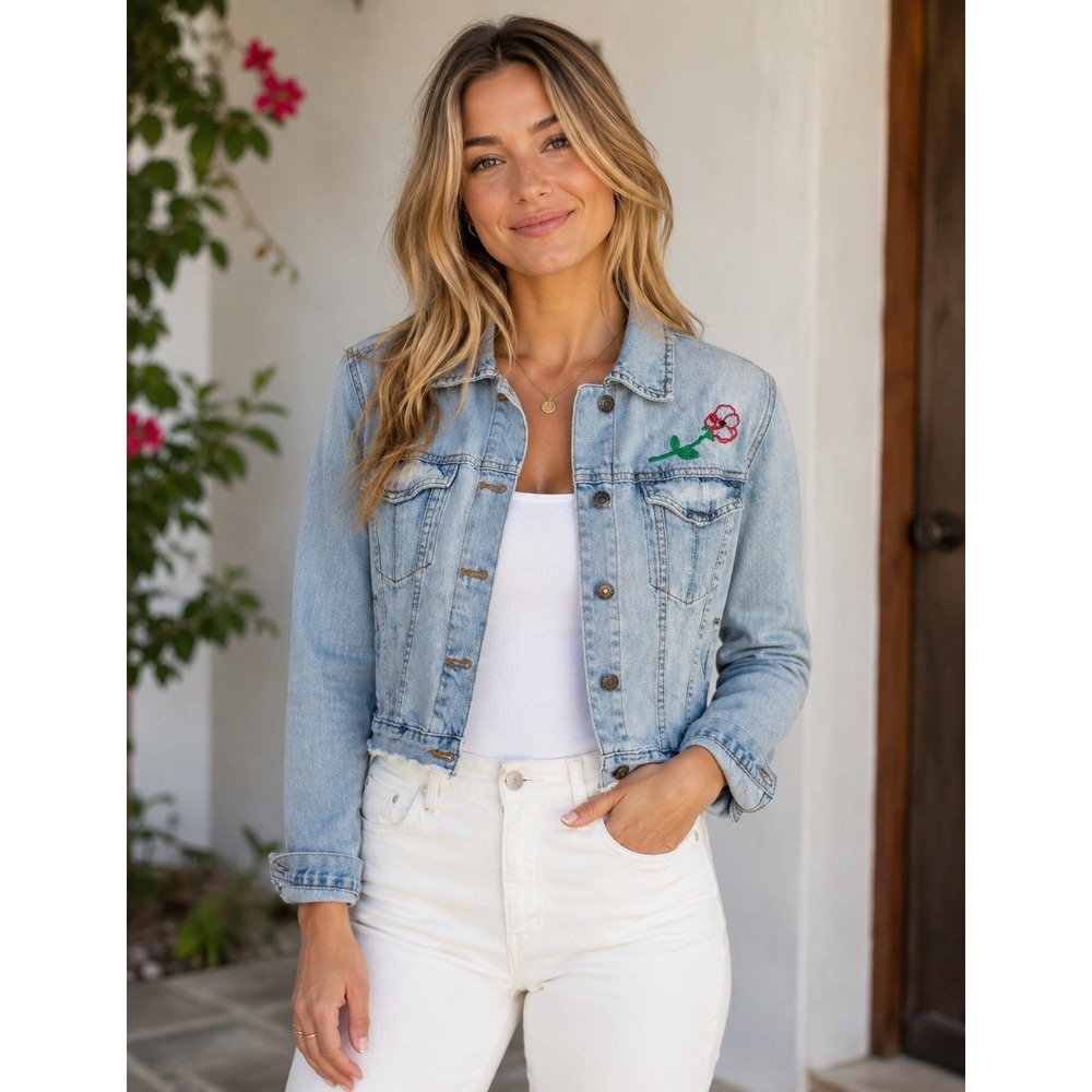 Gap Denim Jacket Light Wash Rose Embroidered Raw Hem Boho Small